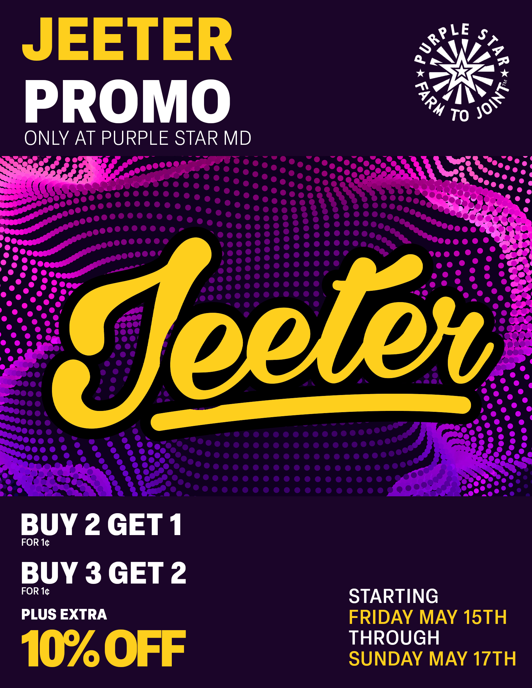 Saturday Deals, 20% Off store wide. Deal does not combine with other promotions. Additional 10% off buy 2 get 2 for ¢.02 and buy 3 get 1 for ¢.01 . Additional 15% off buy 2 get 1 for ¢.01. Offer excludes B1G1 and Everyday Deals. Buy 2 get 2 for ¢.02: Northern Emeralds. Buy 2 get 1 for ¢.01: Plug Play DNA and Exotic pods only, Cure Injoy, Status, West Coast Cure, Cities, Kikoko, Paper Planes, Smokiez edibles, Presidential, and Daze Off. Ask about our delivery exclsuive, today only! Delivery deal does not combine with any percentage off, but can combine with today’s b2g1 deal. 