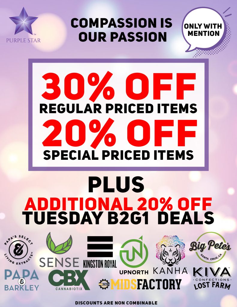 Compassion is our passion 30% off regular price items, 20% off special price items, Mention the word: Compassion to unlock your exclusive deals, Plus additional 20% off Tuesday B2G1 deals: Papas select, Papa & Barkley, Sense, CBX, Kingston Royal, Upnorth, MidsFactory, Kanha, Big Petes, Kiva Confections Lost Farm. Discounts do not combinable