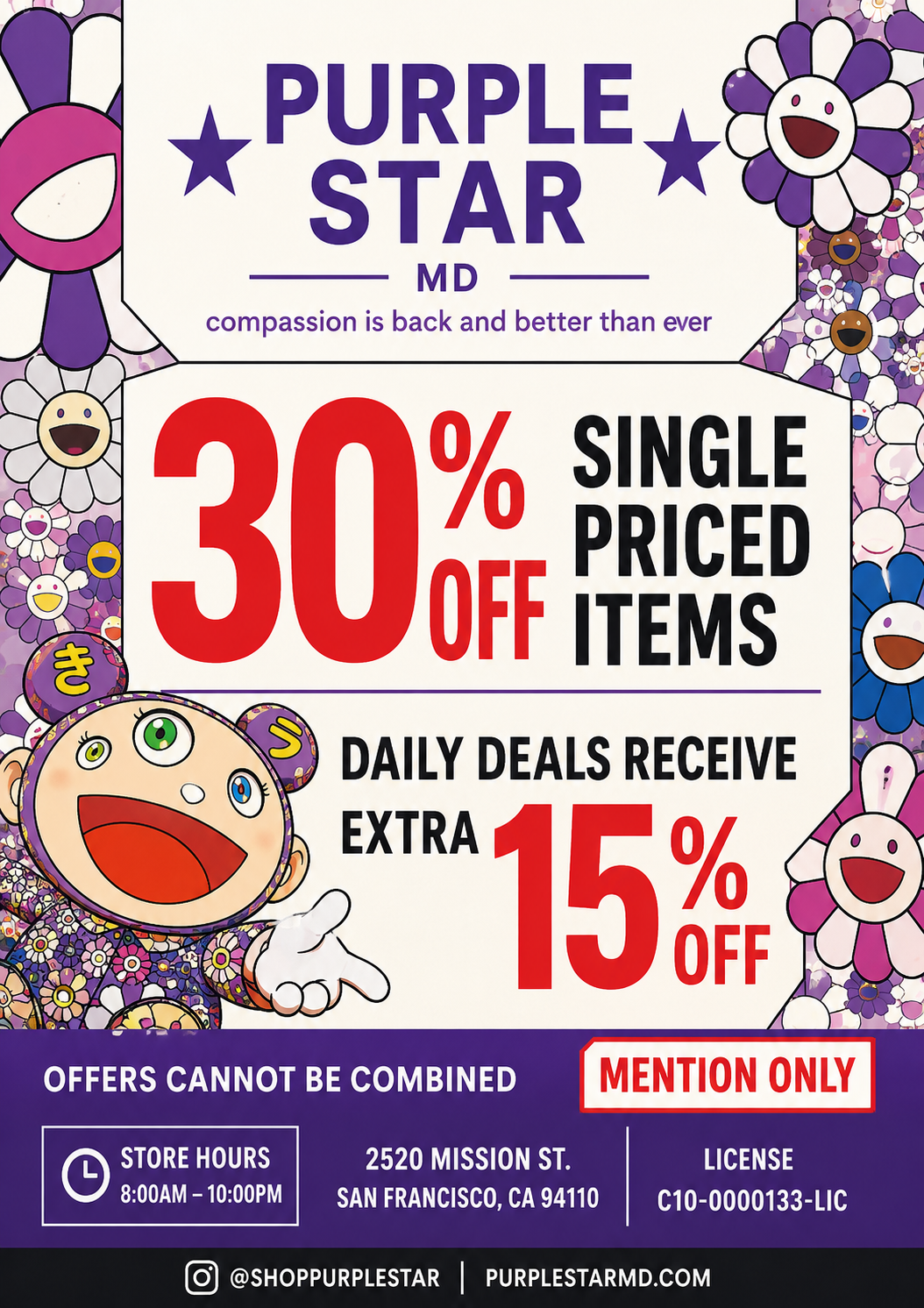 promotional poster for Purple Star in San Franciscos Mission District. The ad announces 30% off single-priced items, plus an extra 15% off daily deals, with offers not combinable. It features Mission District street signs, a red streetcar, colorful neighborhood mural artwork, and a Support Local badge. The poster lists 2520 Mission St., store hours of 8:00 AM–10:00 PM, and states Mention Only.