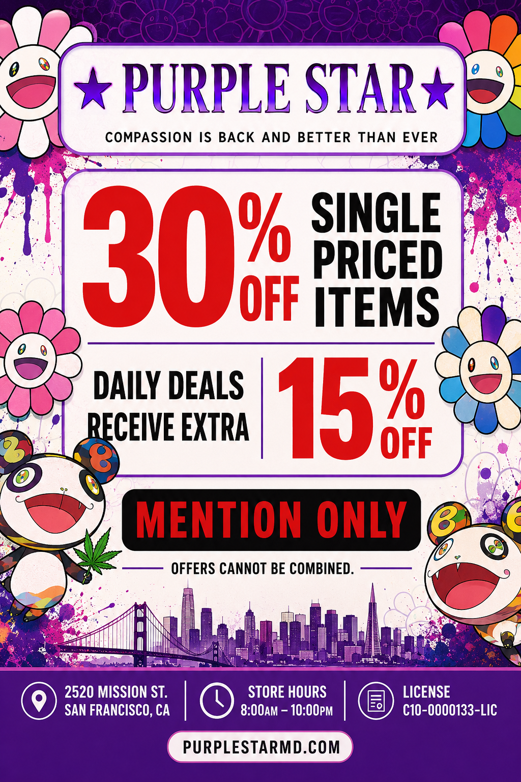 promotional poster for Purple Star in San Franciscos Mission District. The ad announces 30% off single-priced items, plus an extra 15% off daily deals, with offers not combinable. It features Mission District street signs, a red streetcar, colorful neighborhood mural artwork, and a Support Local badge. The poster lists 2520 Mission St., store hours of 8:00 AM–10:00 PM, and states Mention Only.