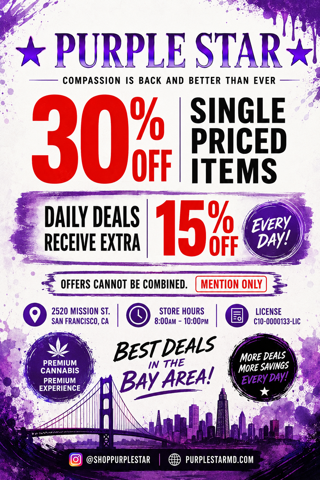 Alt text: Vintage-style promotional poster for Purple Star in San Franciscos Mission District. The ad announces 30% off single-priced items, plus an extra 15% off daily deals, with offers not combinable. It features Mission District street signs, a red streetcar, colorful neighborhood mural artwork, and a Support Local badge. The poster lists 2520 Mission St., store hours of 8:00 AM–10:00 PM, and states Mention Only.”/></p>
</div></p>
</div><div class=