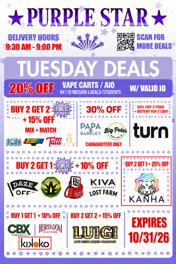 Purple Star promotional flyer on a white background decorated with pale lavender and purple stars and framed by a purple border, advertising Tuesday cannabis delivery specials. At the top is a large purple PURPLE STAR logo with a purple star on each side. At upper left, DELIVERY HOURS appears above 9:30 AM - 9:00 PM in red. A purple shooting-star graphic is centered below the logo, and a QR code at upper right is accompanied by the words SCAN FOR MORE DEALS. A large lavender banner reads TUESDAY DEALS. Directly below, a dark purple promotional bar advertises 20% OFF on VAPE CARTS / AIO for 94110 MISSION LOCALS/STUDENTS, with W/ VALID ID displayed prominently on the right. The top deal row contains three promotional areas. On the left, BUY 2 GET 2 FOR 1¢ + 15% OFF with MIX + MATCH appears above the brands RĒD, Sluggers, Tutti, and Dee. In the middle, 30% OFF appears above Papa & Barkley and Big Pete’s, with CANNABUTTER ONLY in red underneath. On the right, a Turn promotion reads 30% OFF 2 PODS + BATTERY FOR 1 CENT. The next section advertises BUY 2 GET 1 FOR 1¢ + 10% OFF and features Doze Off, Emerald Bay, Backpack Boyz, and Kiva Confections Lost Farm. To the right, a red-bordered Kanha promotion reads BUY 2 GET 1 + 25% OFF. Along the bottom, one promotion reads BUY 1 GET 1 + 10% OFF and features CBX Cannabiotix, Heirbloom Legacy Flower, and Kikko. Beside it, another promotion reads BUY 2 GET 2 + 15% OFF and features Luigi Live Resin Liquid Diamond. Purple star borders and thin purple dividers separate the deal groups. Large red text in the lower-right corner reads EXPIRES 10/31/26.
