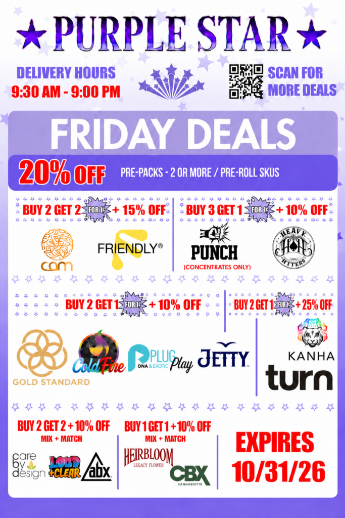 Purple Star promotional flyer on a white background decorated with pale and dark purple stars, advertising Friday cannabis delivery deals. At the top is a large purple PURPLE STAR logo with stars on both sides. At upper left, DELIVERY HOURS appears above the red text 9:30 AM - 9:00 PM. At upper right is a QR code beside the words SCAN FOR MORE DEALS. A wide lavender banner reads FRIDAY DEALS. Directly below, a purple promotional bar states 20% OFF followed by PRE-PACKS - 2 OR MORE / PRE-ROLL SKUS. The first deal row is split into two sections. On the left, BUY 2 GET 2 FOR 1¢ + 15% OFF appears above the CAM and Friendly brand logos. On the right, BUY 3 GET 1 FOR 1¢ + 10% OFF appears above Punch, labeled CONCENTRATES ONLY, and Heavy Hitters. The second row has two sections: the left reads BUY 2 GET 1 FOR 1¢ + 10% OFF and shows Gold Standard, ColdFire, Plugplay DNA & Exotic, and Jetty; the right reads BUY 2 GET 1 FOR 1¢ + 25% OFF and shows Kanha and Turn. The bottom row contains two mix-and-match promotions: BUY 2 GET 2 + 10% OFF MIX + MATCH, featuring Care by Design, Loud + Clear, and ABX; and BUY 1 GET 1 + 10% OFF MIX + MATCH, featuring Heirbloom Legacy Flower and CBX Cannabiotix. Large red text in the bottom-right corner reads EXPIRES 10/31/26.