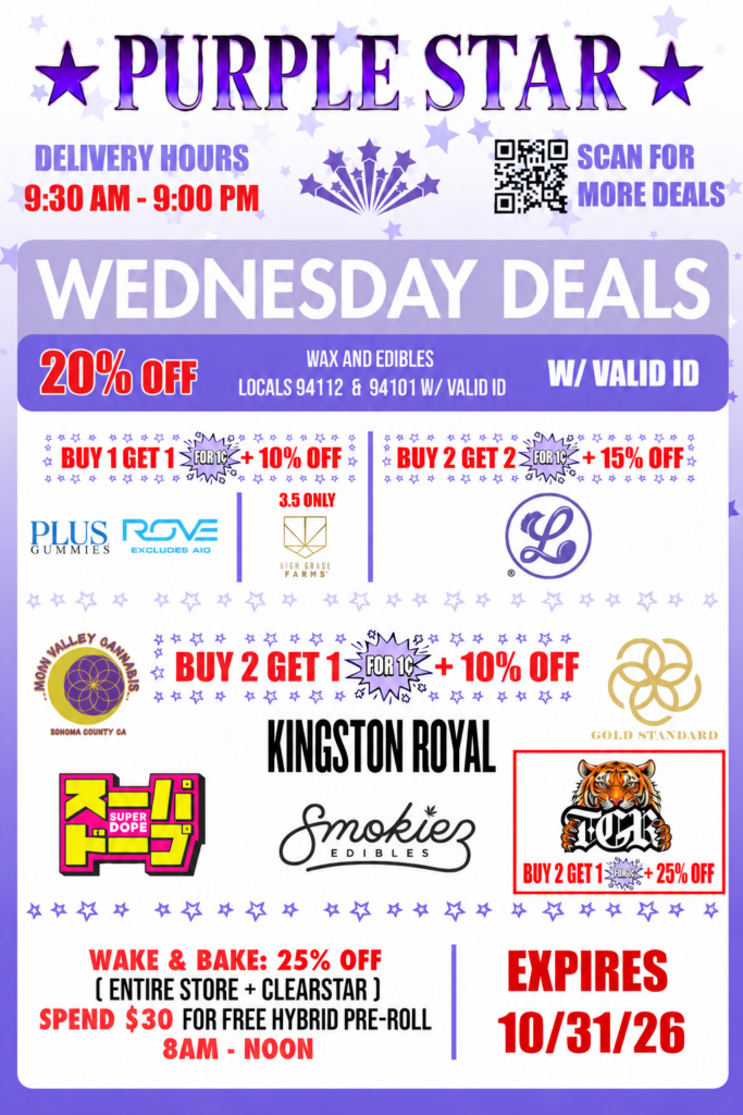 Purple Star promotional flyer on a white background decorated with lavender and purple stars and framed by a purple border, advertising Wednesday cannabis delivery specials. At the top is a large purple PURPLE STAR logo with a purple star on each side. At upper left, DELIVERY HOURS appears above 9:30 AM - 9:00 PM in large red text. A purple shooting-star graphic appears in the center, while a QR code at upper right is paired with the words SCAN FOR MORE DEALS. A large lavender banner reads WEDNESDAY DEALS. Below it, a dark purple promotional bar advertises 20% OFF on WAX AND EDIBLES for LOCALS 94112 & 94101 W/ VALID ID, with W/ VALID ID emphasized on the right. The first deal row contains two sections. On the left, BUY 1 GET 1 FOR 1¢ + 10% OFF appears above Plus Gummies and Rove, with small text beneath Rove reading EXCLUDES AIO. A separate High Grade Farms offer beside them reads 3.5 ONLY. On the right, BUY 2 GET 2 FOR 1¢ + 15% OFF appears above a circular purple logo featuring a cursive letter L. The next large section advertises BUY 2 GET 1 FOR 1¢ + 10% OFF. Brands displayed in this area include Moon Valley Cannabis, Kingston Royal, Gold Standard, a colorful Japanese-style Super Dope logo, and Smokiez Edibles. At the lower right of this section, a red-bordered offer featuring a tiger-head logo reads BUY 2 GET 1 FOR 1¢ + 25% OFF. Along the bottom left, a special morning promotion reads WAKE & BAKE: 25% OFF, followed by (ENTIRE STORE + CLEARSTAR), SPEND $30 FOR FREE HYBRID PRE-ROLL, and 8AM - NOON. Large red text in the lower-right corner reads EXPIRES 10/31/26. Purple star rows and vertical dividers separate the offers throughout the flyer.